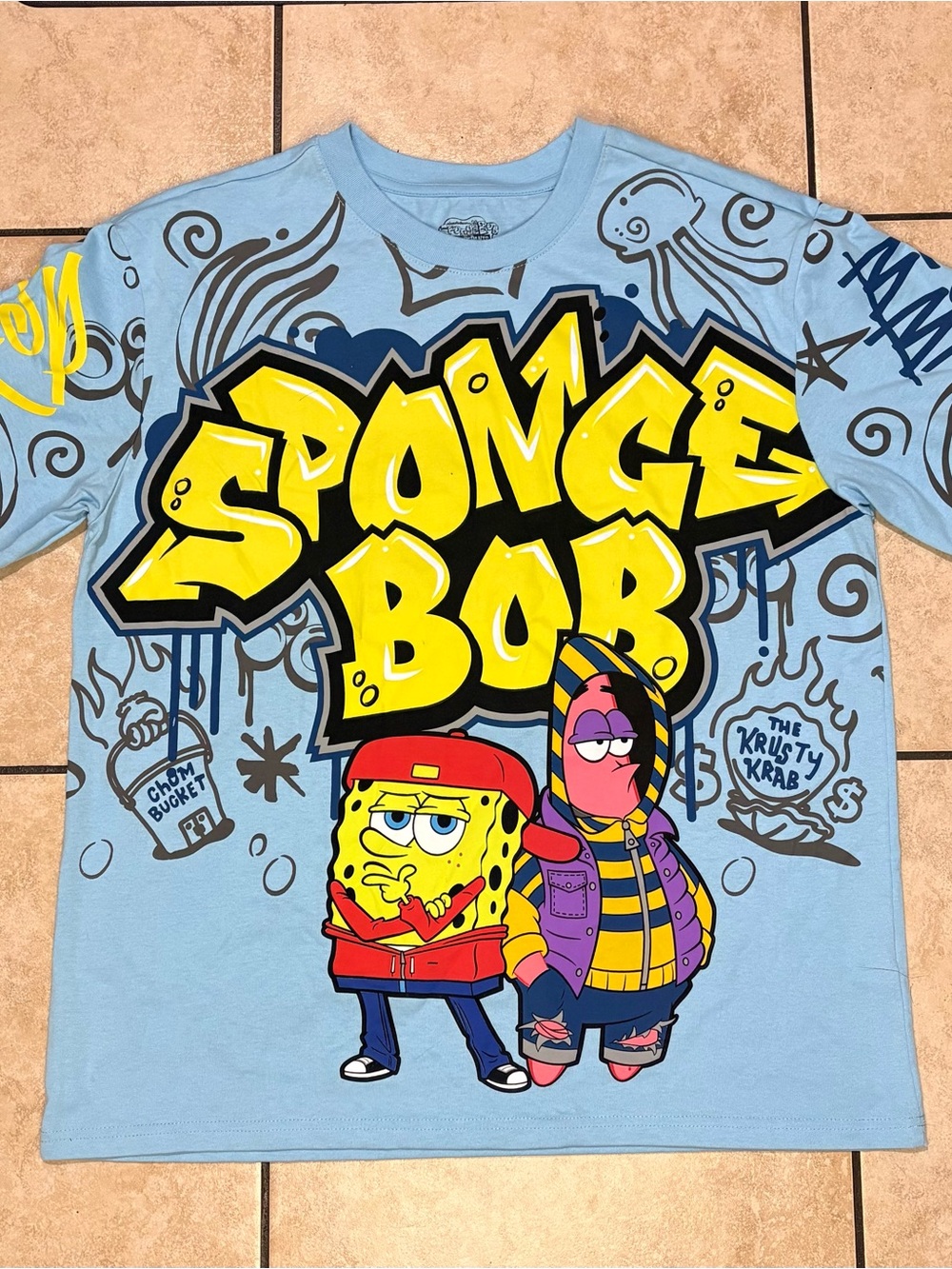 Y2K Freeze SpongeBob Graphic Tee - Light Blue & Yellow